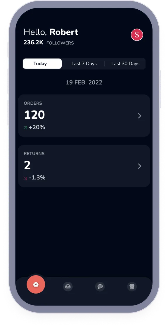 App screenshot showing the merchant dashboard