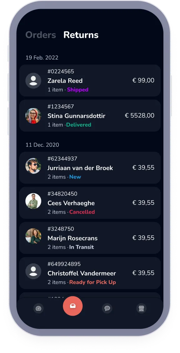 App screenshot showing a list of returns