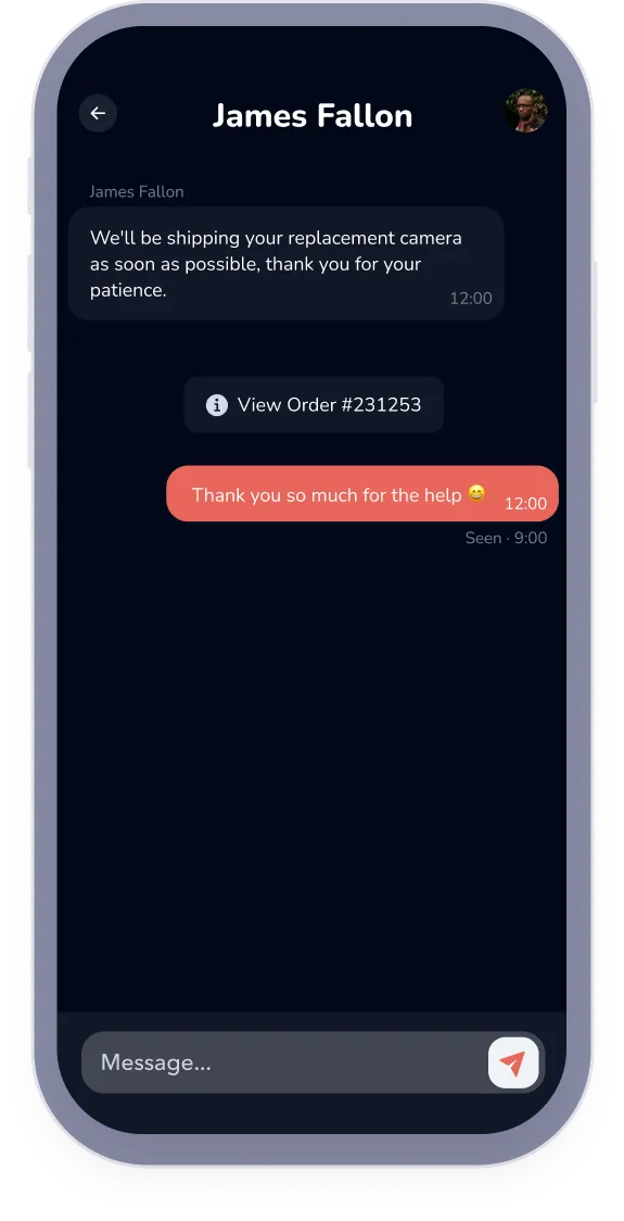 App screenshot showing a chat between a customer and a merchant